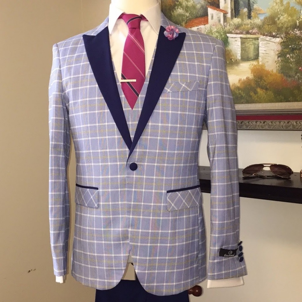 3 Piece Men's British Cut Slim Fit Plaid Suit